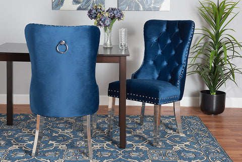 Baxton Studio Honora Contemporary Glam and Luxe Navy Blue Velvet Fabric and Silver Metal 2-Piece Dining Chair Set