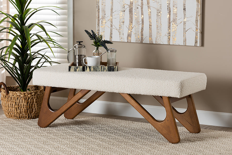 Baxton Studio Rika Japandi Cream Boucle Fabric and Walnut Brown Finished Wood Bench