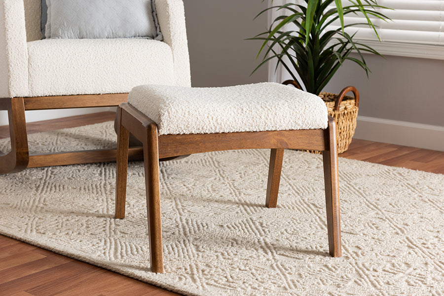 Baxton Studio Roxy Mid-Century Modern Off-White Boucle Upholstered and Walnut Brown Finished Wood Ottoman Footstool