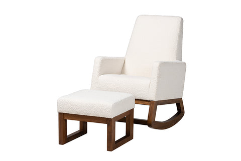 Baxton Studio Yashiya Mid-Century Modern Off-White Boucle Upholstered and Walnut Brown Finished Wood 2-Piece Rocking Chair and Ottoman Set