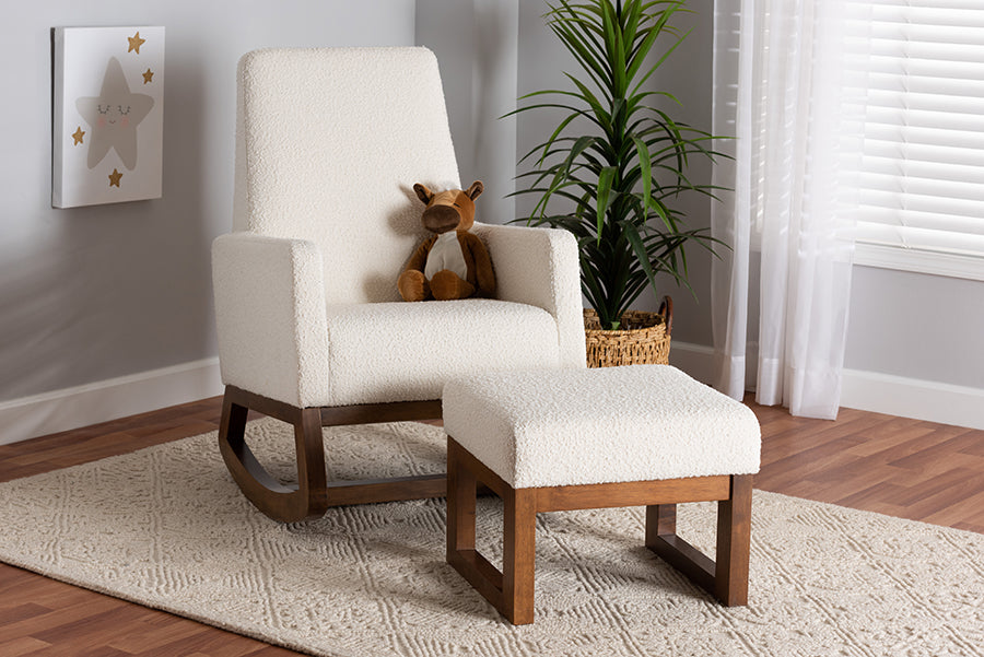 Baxton Studio Yashiya Mid-Century Modern Off-White Boucle Upholstered and Walnut Brown Finished Wood 2-Piece Rocking Chair and Ottoman Set