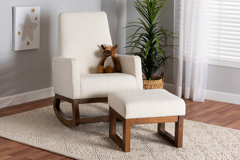 Baxton Studio Yashiya Mid-Century Modern Off-White Boucle Upholstered and Walnut Brown Finished Wood 2-Piece Rocking Chair and Ottoman Set