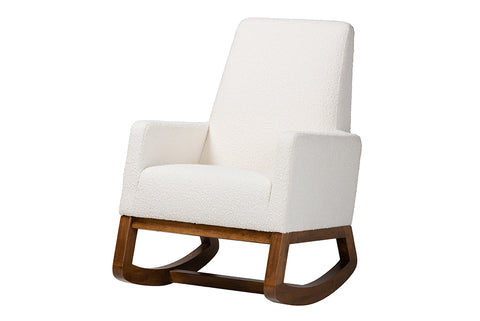 Baxton Studio Yashiya Mid-Century Modern Off-White Boucle Upholstered and Walnut Brown Finished Wood Rocking Chair