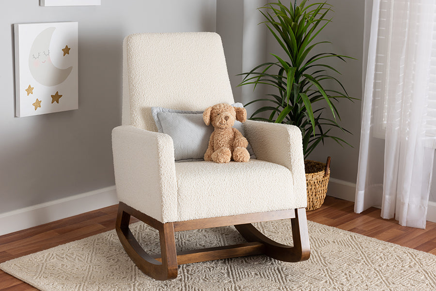 Baxton Studio Yashiya Mid-Century Modern Off-White Boucle Upholstered and Walnut Brown Finished Wood Rocking Chair