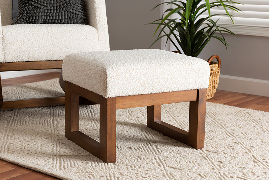 Baxton Studio Yashiya Mid-Century Modern Off-White Boucle Upholstered and Walnut Brown Finished Wood Ottoman Footstool