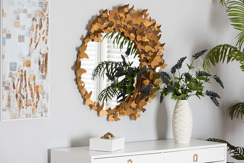 Baxton Studio Tauriel Modern Glam and Luxe Antique Goldleaf Metal Butterfly Accent Wall Mirror