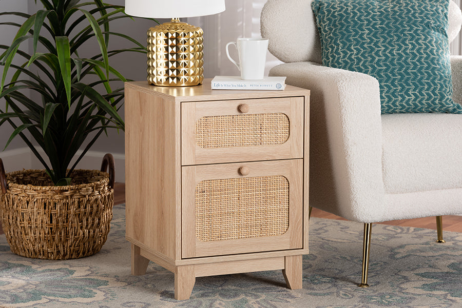 Baxton Studio Elsbeth Mid-Century Modern Light Brown Finished Wood and Natural Rattan 1-Drawer End Table