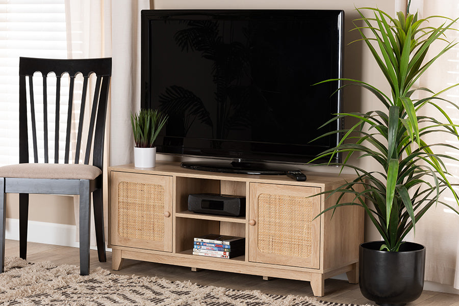 Baxton Studio Elsbeth Mid-Century Modern Light Brown Finished Wood and Natural Rattan 2-Door TV Stand