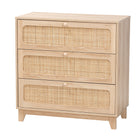 Baxton Studio Elsbeth Japandi Oak Brown Finished Wood and Natural Rattan 3-Drawer Storage Cabinet