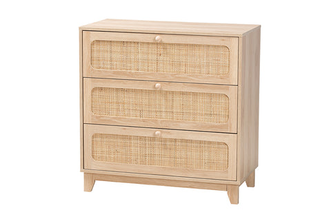 Baxton Studio Elsbeth Japandi Oak Brown Finished Wood and Natural Rattan 3-Drawer Storage Cabinet