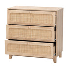 Baxton Studio Elsbeth Japandi Oak Brown Finished Wood and Natural Rattan 3-Drawer Storage Cabinet