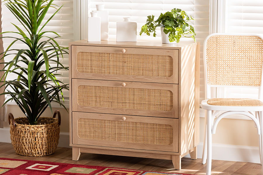 Baxton Studio Elsbeth Japandi Oak Brown Finished Wood and Natural Rattan 3-Drawer Storage Cabinet