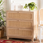 Baxton Studio Elsbeth Japandi Oak Brown Finished Wood and Natural Rattan 3-Drawer Storage Cabinet