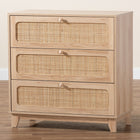 Baxton Studio Elsbeth Japandi Oak Brown Finished Wood and Natural Rattan 3-Drawer Storage Cabinet