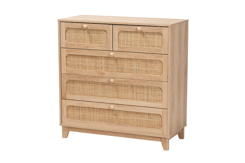 Baxton Studio Elsbeth Mid-Century Modern Oak Brown Finished Wood and Natural Rattan 5-Drawer Storage Cabinet