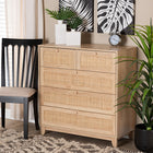 Baxton Studio Elsbeth Mid-Century Modern Oak Brown Finished Wood and Natural Rattan 5-Drawer Storage Cabinet