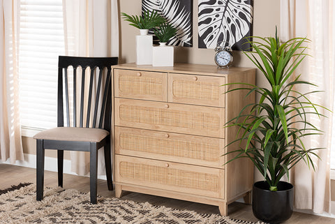 Baxton Studio Elsbeth Mid-Century Modern Oak Brown Finished Wood and Natural Rattan 5-Drawer Storage Cabinet