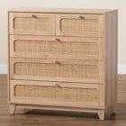 Baxton Studio Elsbeth Mid-Century Modern Oak Brown Finished Wood and Natural Rattan 5-Drawer Storage Cabinet