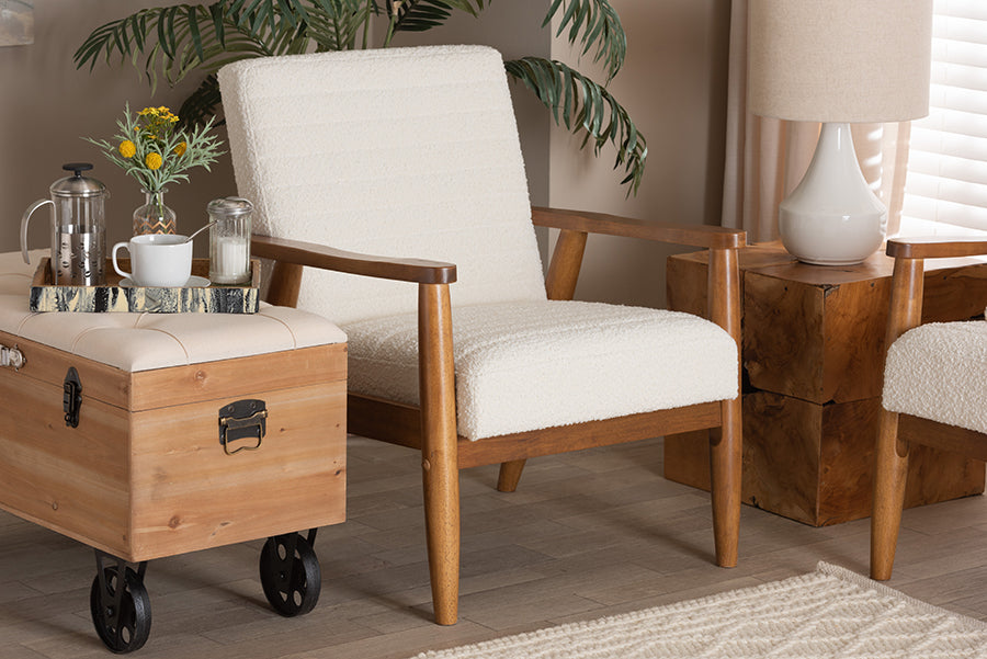 Baxton Studio Stratton Mid-Century Modern Cream Boucle Fabric and Walnut Brown Finished Wood Armchair