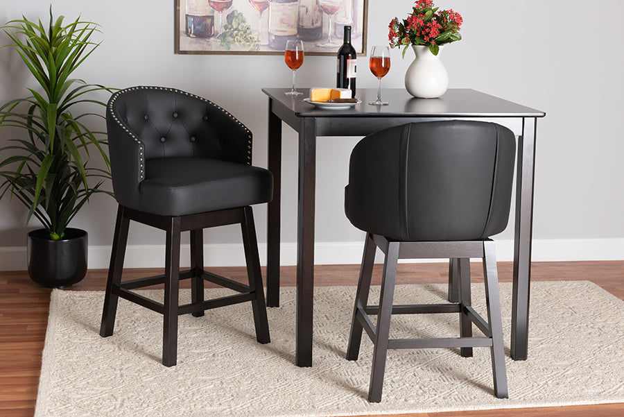 Baxton Studio Theron Mid-Century Transitional Black Faux Leather and Espresso Brown Finished Wood 2-Piece Swivel Counter Stool Set