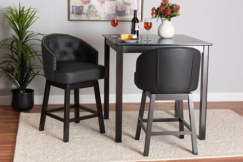 Baxton Studio Theron Mid-Century Transitional Black Faux Leather and Espresso Brown Finished Wood 2-Piece Swivel Counter Stool Set