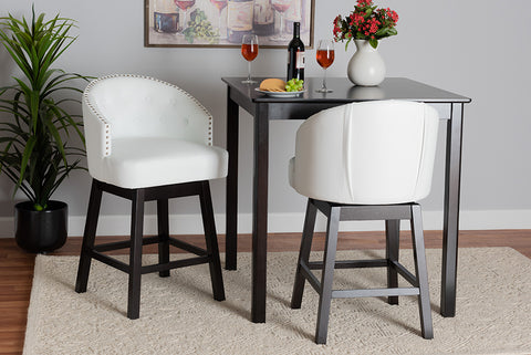 Baxton Studio Theron Mid-Century Transitional White Faux Leather and Espresso Brown Finished Wood 2-Piece Swivel Counter Stool Set