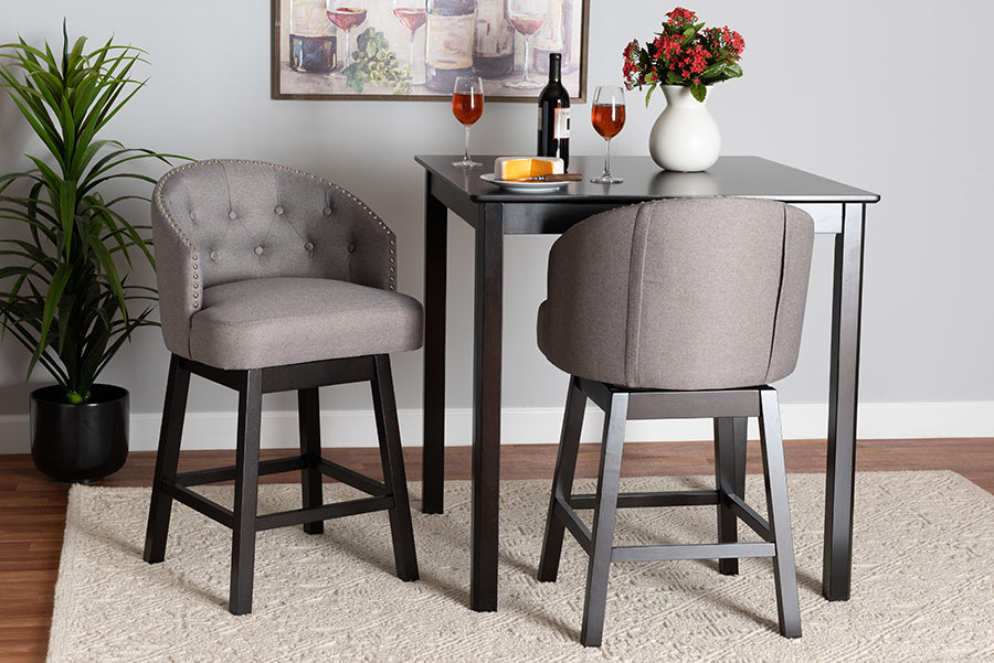 Baxton Studio Theron Mid-Century Transitional Grey Fabric and Espresso Brown Finished Wood 2-Piece Swivel Counter Stool Set