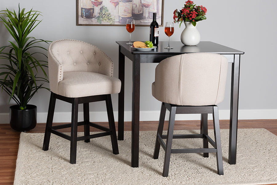 Baxton Studio Theron Mid-Century Transitional Light Beige Fabric and Espresso Brown Finished Wood 2-Piece Swivel Counter Stool Set