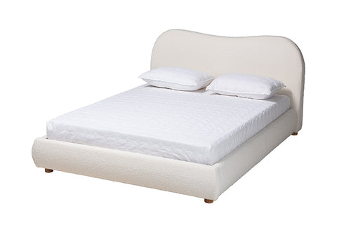 Baxton Studio Maya Mid-Century Modern Cream Boucle Fabric and Oak Brown Finished Wood Queen Size Platform Bed