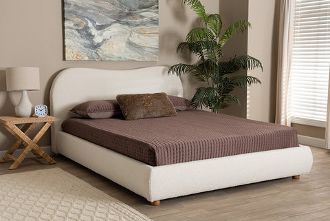 Baxton Studio Maya Mid-Century Modern Cream Boucle Fabric and Oak Brown Finished Wood Queen Size Platform Bed