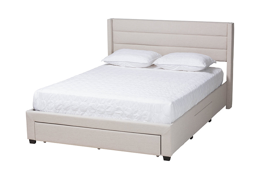 Baxton Studio Braylon Mid-Century Modern Transitional Beige Fabric and Dark Brown Finished Wood Queen Size 3-Drawer Storage Platform Bed