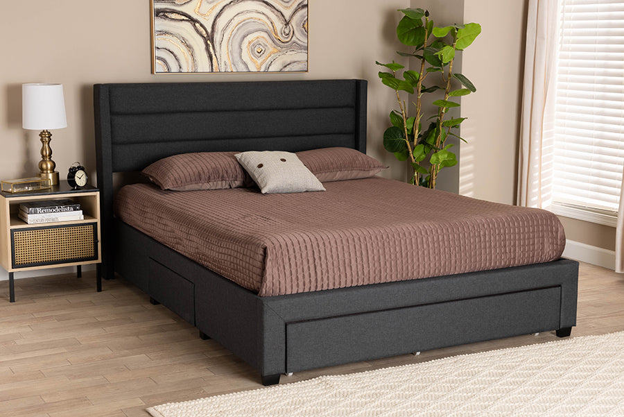 Baxton Studio Braylon Mid-Century Modern Transitional Charcoal Grey Fabric and Dark Brown Finished Wood Full Size 3-Drawer Storage Platform Bed
