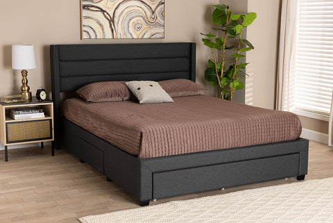 Baxton Studio Braylon Mid-Century Modern Transitional Charcoal Grey Fabric and Dark Brown Finished Wood Full Size 3-Drawer Storage Platform Bed