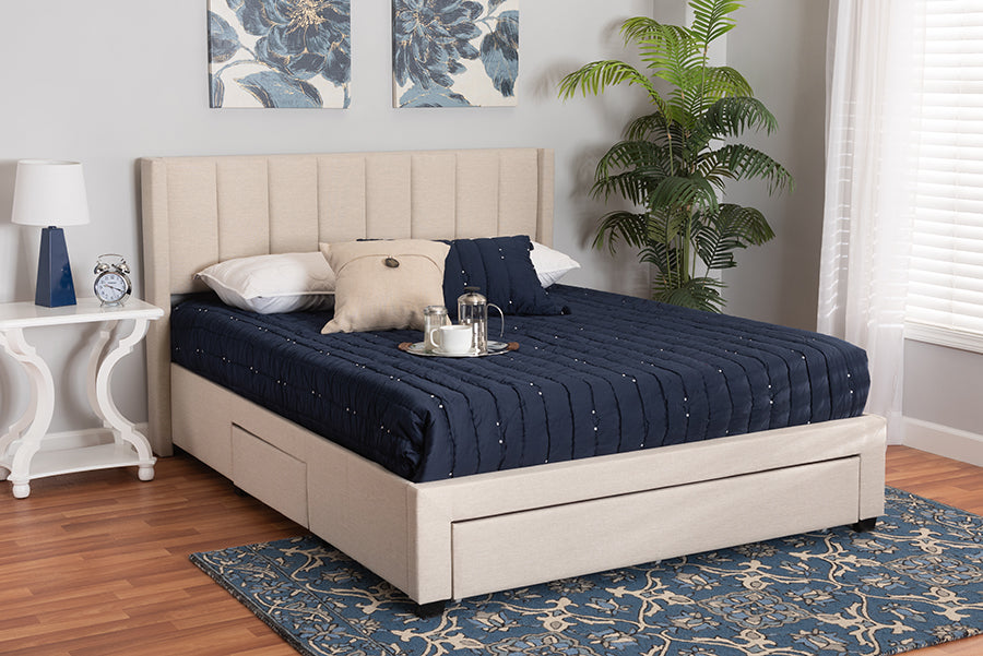 Baxton Studio Coronado Mid-Century Modern Transitional Beige Fabric Full Size 3-Drawer Storage Platform Bed