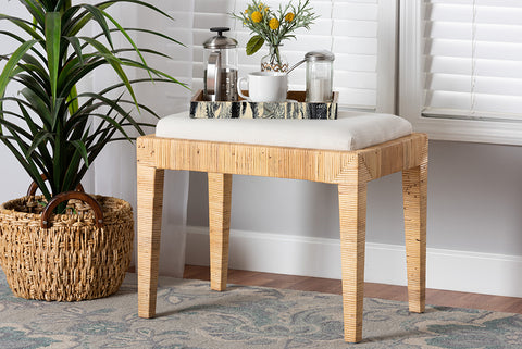 bali & pari Sofia Modern Bohemian Natural Brown Rattan and Mahogany Wood Ottoman