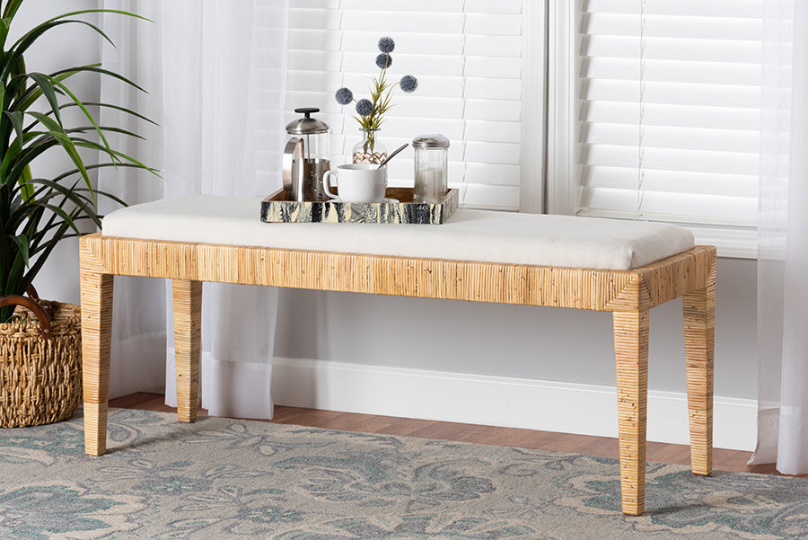 bali & pari Sofia Modern Bohemian Natural Brown Rattan and Mahogany Wood Bench