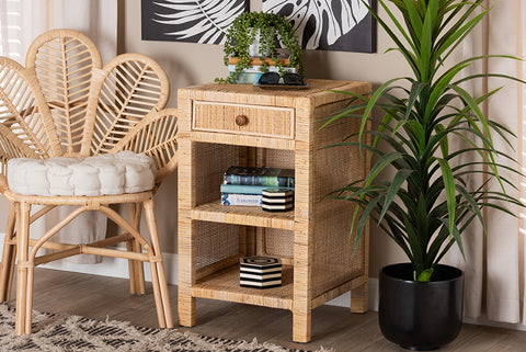 bali & pari Bella Modern Bohemian Natural Brown Mahogany Wood and Natural Rattan 1-Drawer Nightstand