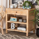 bali & pari Bella Modern Bohemian Natural Brown Mahogany Wood and Natural Rattan 1-Drawer Console Table