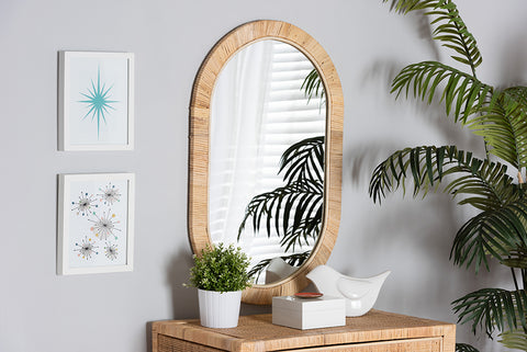 bali & pari Bella Modern Bohemian Natural Brown Mahogany Wood and Natural Rattan Oval Mirror