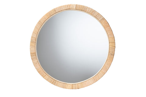 bali & pari Bella Modern Bohemian Natural Brown Mahogany Wood and Natural Rattan Round Mirror