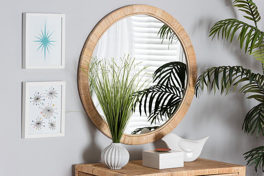 bali & pari Bella Modern Bohemian Natural Brown Mahogany Wood and Natural Rattan Round Mirror