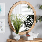 bali & pari Bella Modern Bohemian Natural Brown Mahogany Wood and Natural Rattan Round Mirror