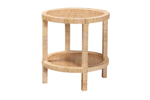 bali & pari Bella Modern Bohemian Natural Brown Mahogany Wood and Natural Rattan 2-Tier End Table