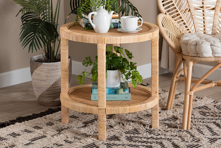 bali & pari Bella Modern Bohemian Natural Brown Mahogany Wood and Natural Rattan 2-Tier End Table