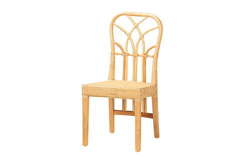 bali & pari Monaco Modern Bohemian Oak Brown Finished Mahogany Wood and Natural Rattan Dining Chair