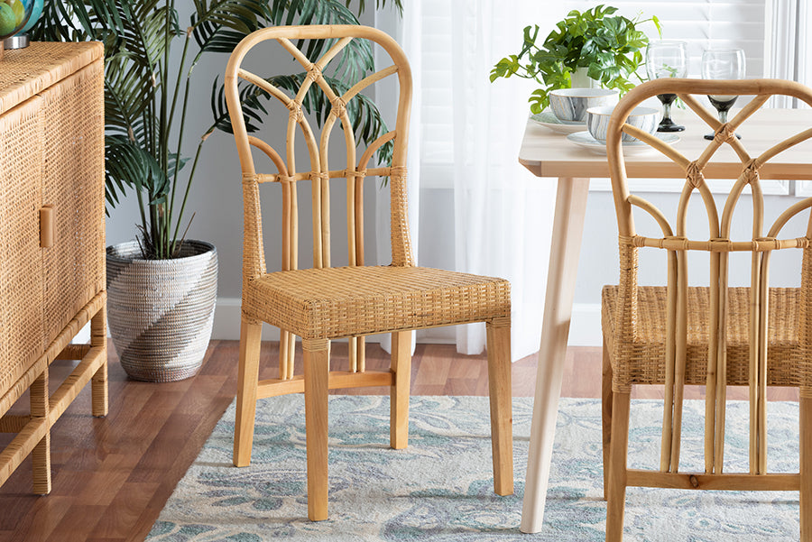 bali & pari Monaco Modern Bohemian Oak Brown Finished Mahogany Wood and Natural Rattan Dining Chair