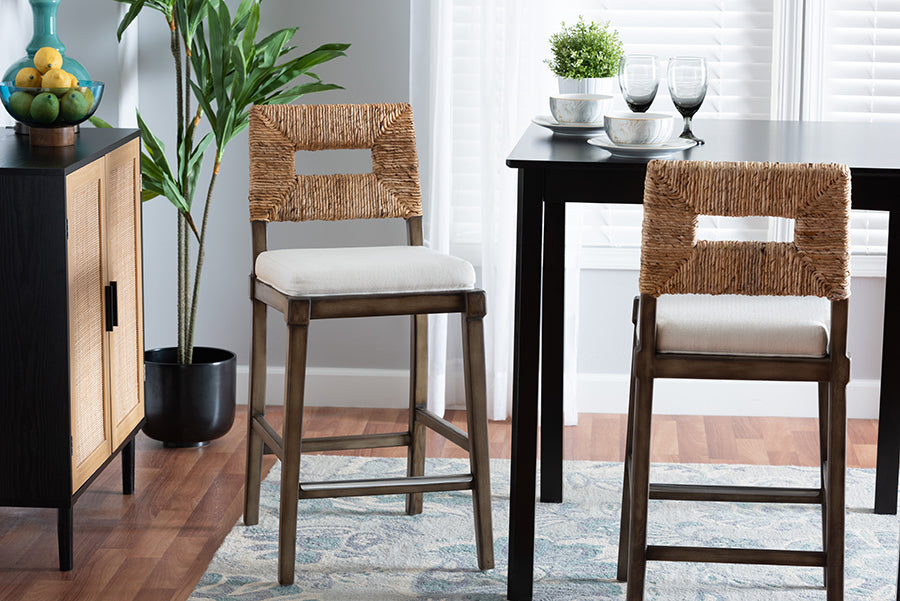 bali & pari Porsha Modern Bohemian Dark Brown Finished Mahogany Wood and Natural Rattan Counter Stool