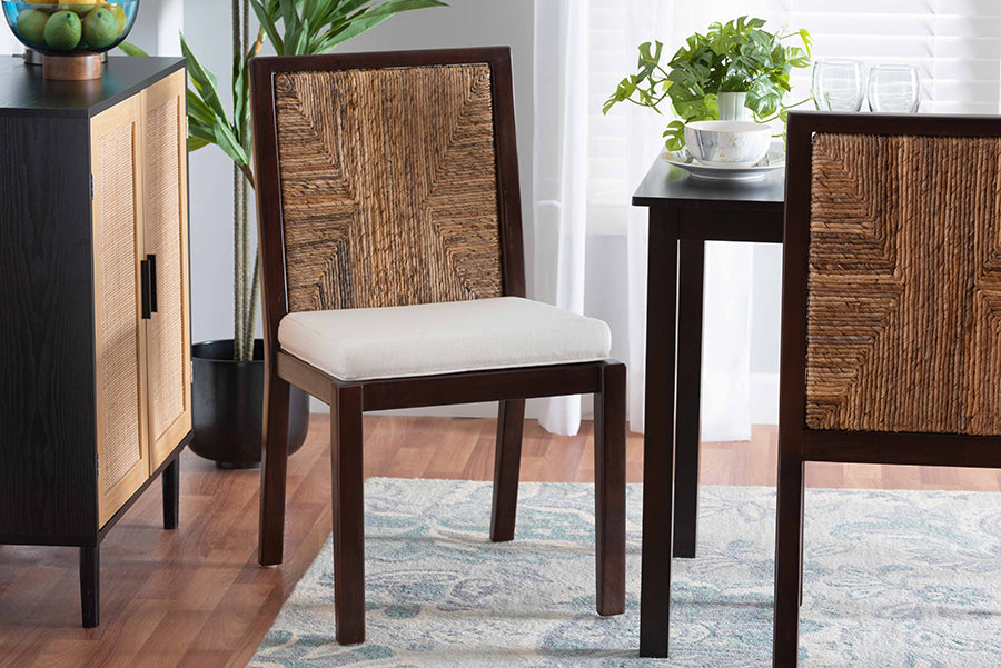 bali & pari Joana Modern Bohemian Dark Brown Mahogany Wood and Natural Seagrass Dining Side Chair