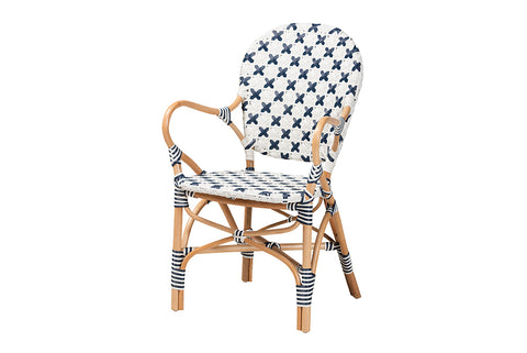 bali & pari Bryson Modern French Blue and White Weaving and Natural Rattan Bistro Chair
