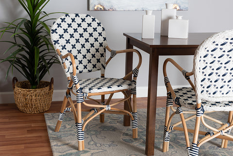 bali & pari Bryson Modern French Blue and White Weaving and Natural Rattan Bistro Chair
